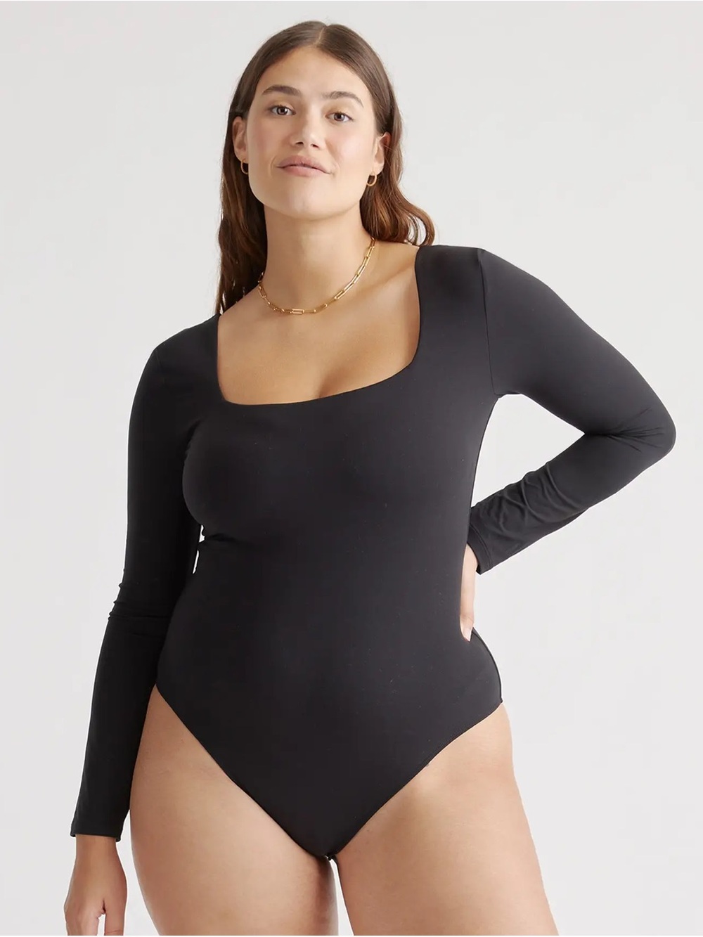 NWT QUINCE Second Skin Square Neck Long Sleeve Bodysuit XS Black 1049